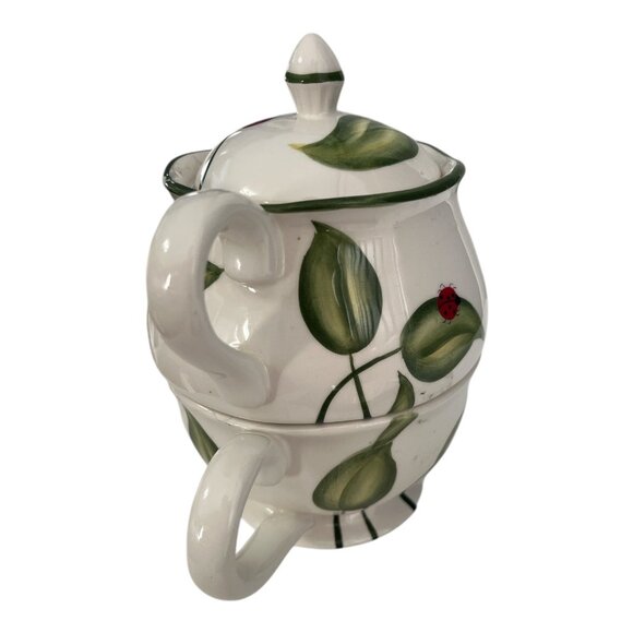 Vintage Harry and David Stacked Teapot & Teacup Ladybug Leaf Design Ceramic - Picture 2 of 8